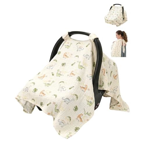 Metplus Muslin Car Seat Cover Baby & Nursing Cover, Soft Breathable Infant Carseat Covers for Summer, Windproof Car Seat Canopy for Boys Girls (Cute Dinosaur)