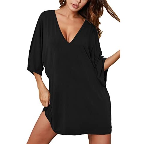 Ekouaer Women's Sleepshirt Deep V Neck Nightgown Batwing Nightshirt Oversized Sleepwear