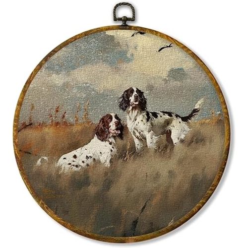 Hiuwevt Vintage Springer Spaniel Dog Round Wall Art Decor, Springer Spaniel Gifts Framed Canvas Prints, Rustic Farmhouse Round Wall Hanging Decor for Home Bedroom Living Room Decorations, 10x10 Inches
