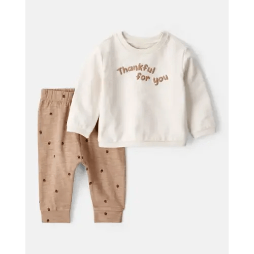 Baby 2-Piece Acorn Thanksgiving Print Cotton Long-Sleeve Tee & Pant Set - White | Carter's