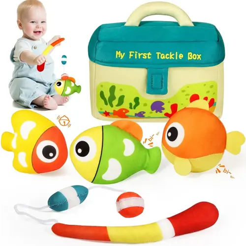 KMUYSL Baby Toys 0-3-6-9-12 Months, My First Tackle Box Plush Toys -4 Pcs Sensory Playset Soft Toys with Squeaker Crinkle for 0-12 Months Newborn Infant, Birthday for Boys Girls