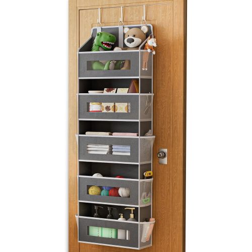2 Pack 5 Tier Over The Door Organizer - Large Capacity Behind Door Hanging Shelves with 10 Mesh Pockets and Clear Windows, Closet Organizers and Storage for Bathroom, Bedroom, Nursery, Grey