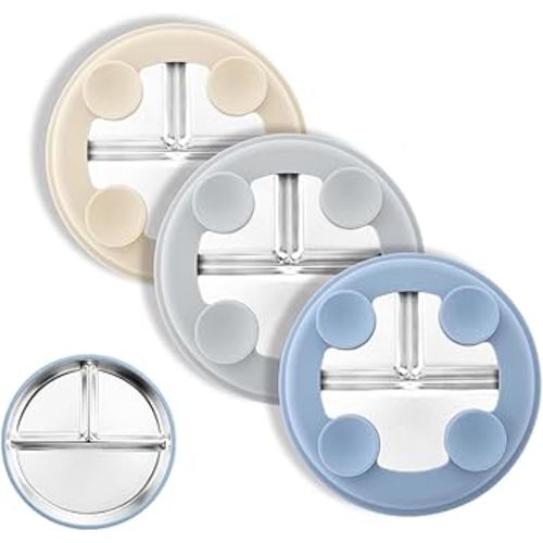 Stainless Steel Suction Plates for Toddlers, 8" Divided Kids Baby Plates with Removable Silicone Suction, Non Toxic Non Slip Portion Control Snack Dishes 3 Packs, Blue Gray Beige