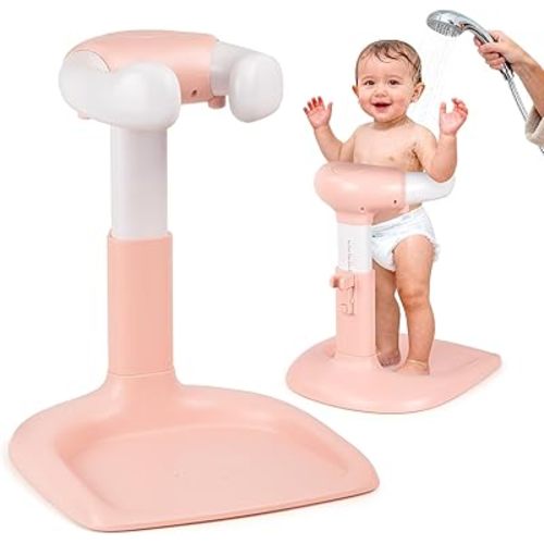 Baby Shower Stand with Anti-Slip Base and Shower Head Holder, Adjustable Height/Width Baby Bath Stand, Toddler Shower Standing Support for Boy/Girl, Soporte para Bañera De Bebé, Pink