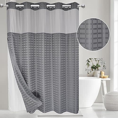VIUOON No Hook Shower Curtain Set with Snap in Fabric Liner, Hotel Grade Gray Shower Curtain - See Through Top Window, Waterproof & Washable, Plaid, 71W x 74H