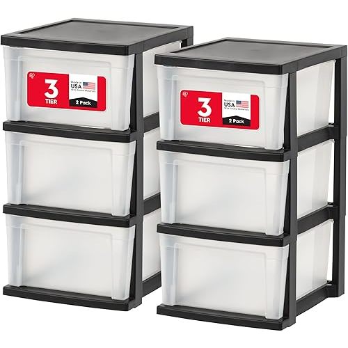 IRIS USA 3-Drawer Slim Narrow Storage Organizer, 2-Pack, Black/Clear