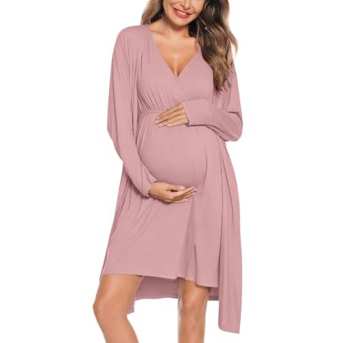 SWOMOG Women Maternity Nursing Gown and Robe Set 3 in 1 Labor Delivery Nursing Nightgown for Breastfeeding Hospital Bathrobe