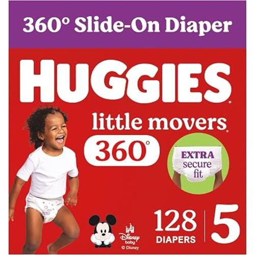 Huggies Size 5 Baby Diapers, Little Movers HuggFit 360° Baby Diapers with 360° Waistband, Size 5 (27+ lbs), 128 Count (2 Packs of 64), Packaging May Vary