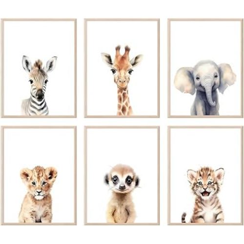 Safari Nursery Wall Art Decor Set of 6 Baby Animal Posters Wall Art Kids Canvas Wall Art Safari Nursery Pictures Jungle Animal Prints Baby Boy Art Giraffe Painting for Baby Boy Playroom Bedroom Room Home Decor 8x10 Unframed