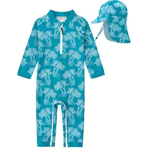 weVSwe Newborn UPF 50+ Baby Boy Swimsuit Toddler Rash Guard Long Sleeve Sun Protection Swimwear with Sun Hat Set 0-3 Years