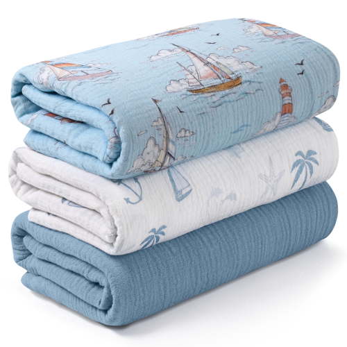 Gllquen Baby 3-Pack Muslin Organic Cotton Swaddle Blankets for Newborn Infant Boys Girls 38"x40", The Blue Voyage