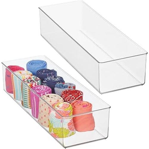 mDesign Plastic Drawer Organizer Box, Long Storage Organizer Bin Container; For Closets, Bedrooms, Use for Leggings, Socks, Ties, Jewelry, Accessories - Lumiere Collection - 2 Pack - Clear