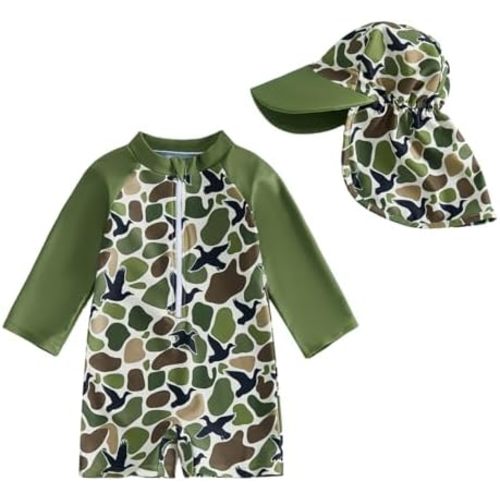 Baby Boy Swimsuit with Sun Hat Camouflage Zipper Long Sleeve Toddler Swimsuit Summer Beach Rash Guard Bathing Suit