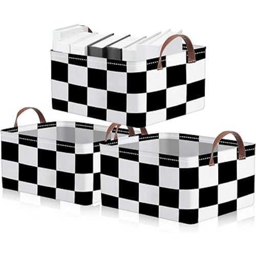 Boao 3 Pcs Checkered Basket Checkered Storage Bin with Handles Gingham Storage Bin Square Tote Laundry Basket Canvas Foldable Box for Home Office Bedroom Bathroom Clothes Cars(Black)