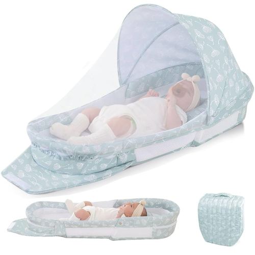 Portable Baby Lounger Bag, Foldabl Babies Nest with 2-in-1 Removable Mosquito Net, Infant Travel Nest Lounger, Easy Setup and Storage for Outdoors Indoors - Baby Registry (Light Green)