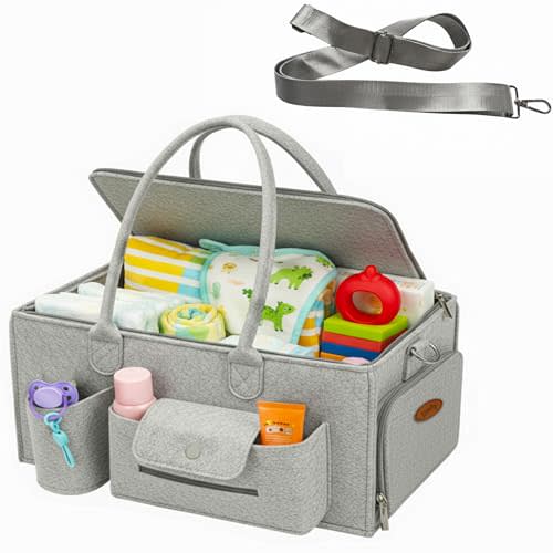 Linaly Felt Diaper Caddy Organizer, Portable Nursery Basket for Diapers, Caddy for Baby Stuff Storage, Baby Shower Must Haves Gift, Grey Felt for Changing For Car, Long Handles (Large Grey)