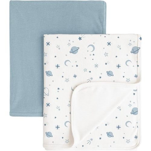Konssy Knit Baby Blanket 2 Pack, Soft Ribbed Swaddle Receiving Blankets for Boys & Girls, Lightweight Cozy Swaddling Wrap for Newborns, Infants, & Toddlers, 33x42 Inch (Star,Blue)