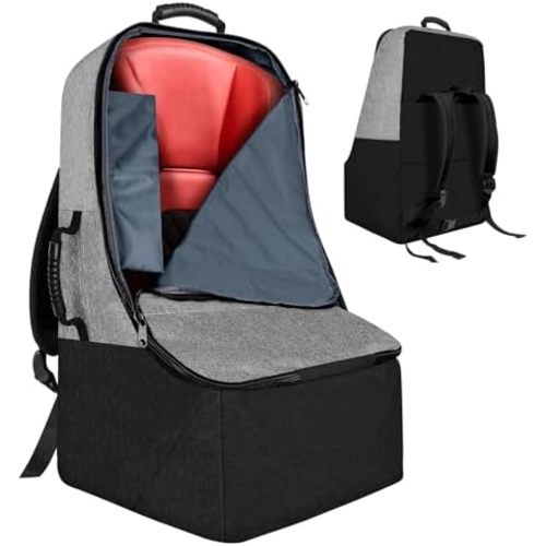 Padded Car Seat Travel Bag for Airplane, Heavy Duty Backpack for Air Travel, Water-Resistant Carrier with Shoulder Strap, Fits Most Car Seats (Grey+Black)