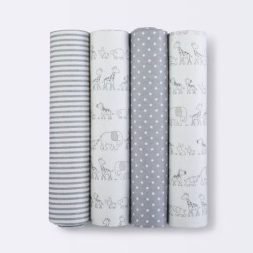 Flannel Baby Blankets Two by Two 4pk - Cloud Island™ Gray: Safari Theme, 30" x 30", Animal/Striped Patterns, 100% Cotton