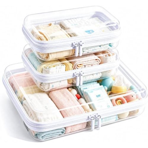 Clear Hard Shell Zipper Case,Diaper Bag Organizer Pouches,Clear Zipper Pouches,TSA Approved Travel Toiletry Bag, Organizer Bins for Toy Storage, Makeup Organizer and Car Organization 2L+2M+2S-White