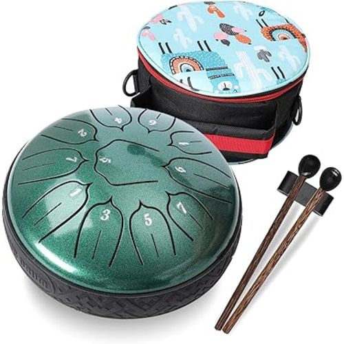 Ubblove Steel Tongue Drum 11 Notes 6 inch Handpan Drum Percussion Instruments with Mallets Bag for Meditation Musical Education Concert Party Gifts - Green