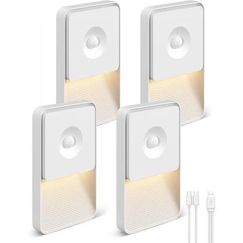 GOODEA Rechargeable Motion Sensor Night Lights for Stairs, Magnetic Stair Lights Indoor, Warm Dimmable Night Light for Hallway,Bathroom,Bedroom,Closet(4 Pack)