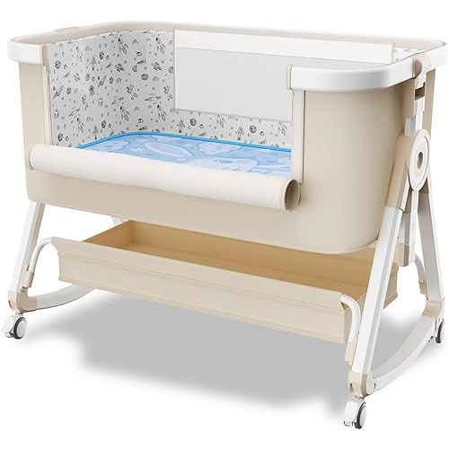whiffee 3 in 1 Baby Bassinet,Bedside Sleeper with Storage Basket and Wheels,Portable Baby Crib with Mosquito Net, 6 Adjustable Height & Breathable Mesh,Easy to Fold (White&Beige)