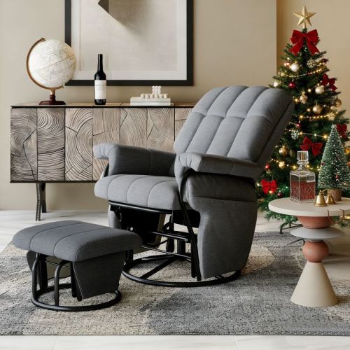 TYBOATLE Gray Swivel Rocking Glider Chair with Ottoman, Water-proof Faux Leather Ergonomic Nursing Glider for Nursery and Bedroom