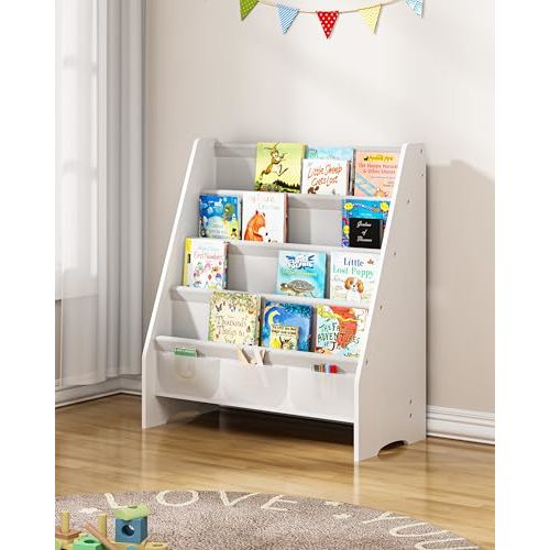 SEIRIONE Sturdy Kids Bookshelf,4-Tier Book Shelf for Kids Room with Tear-Proof Oxford Fabric-Nursery Room Playroom Classroom,Deep Slings to Keep Books Upright,Ideal Height for Toddler Age 3+, White