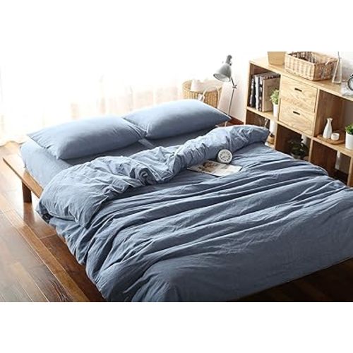 F.Y.Dreams 100% Washed Cotton Duvet Cover for Weighted Blanket 60x80 inches with 8 Ties,Zipper on Long Side/Demin Blue/Just Duvet Cover