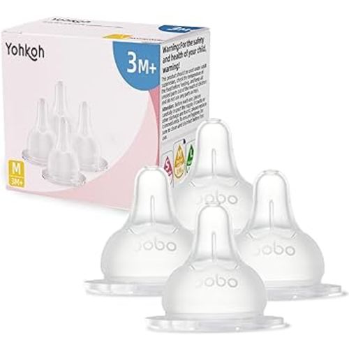 YOHKOH Baby Bottle Nipples for Wide Neck Bottles, 100% Natural Feel Silicone Nipples, BPA-Free (3m+, M, 4 Counts)