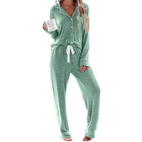 UVN Womens Pajama Sets Long Sleeve Top and Long Pants Soft Pjs Sleepwear Ladies Button Down Lounge Set