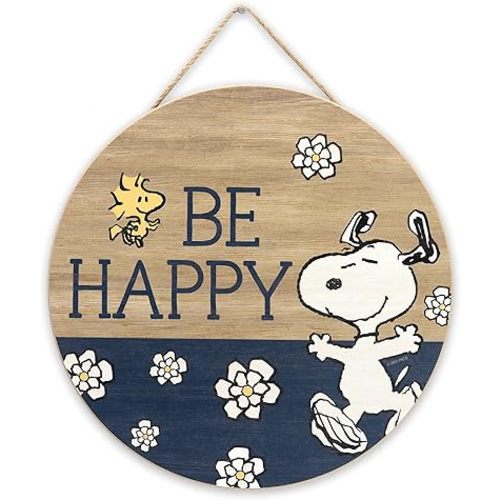 Peanuts Snoopy Be Happy Round Hanging Wood Wall Decor