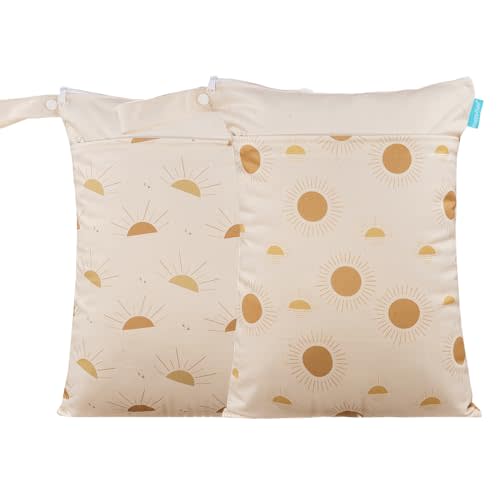 MOMIGO 2 pcs/set Wet Dry Bags for Baby Cloth Diapers - Reusable, Washable for Stroller, Diapers, Travel Bags, Gym Bag (Sun&HalfSun)