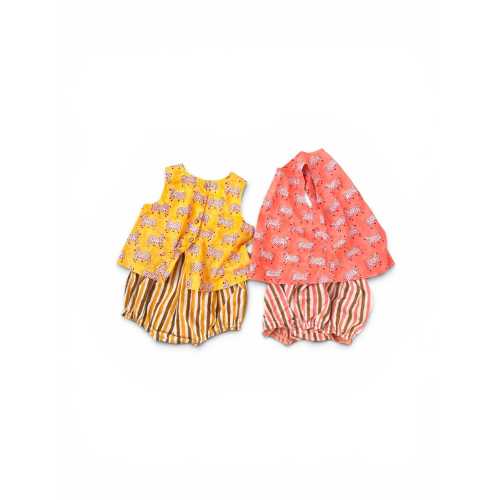 Baby Girls Cotton Set, Hand Block Print Animal Top, Striped Bloomer
