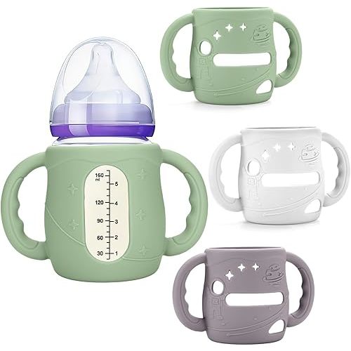 Mity rain3 Pack Silicone Sleeves with Lansinoh Bottle Handles for Lansinoh NaturalWave 5 oz Wide Baby Bottles - Anti-Breakage Protector & Anti-Colic Bottle Holder(Other Products Cannot be adapted)