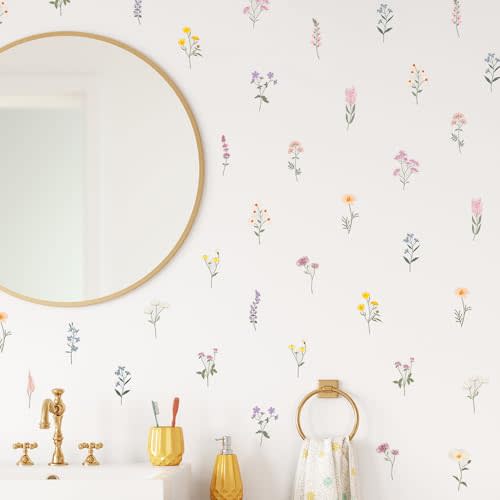 Pastel Wildflower Wall Decals - Set of 37 Peel & Stick Botanical Flower Stickers for Bedroom, Nursery & Living Room - Removable Yellow, Pink & Purple Floral Wall Decor