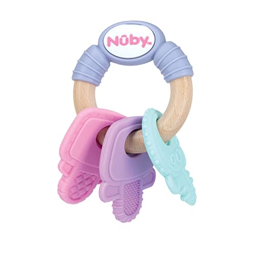 Nuby Wood and Silicone Natural Teether Keys - Toy for Baby Teething Relief - 3+ Months - Assorted Pastel Colors