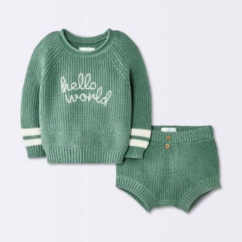 Baby Boys' 2pc Hello World Embroidered Sweater Shorts Set - Cloud Island™ Green Newborn