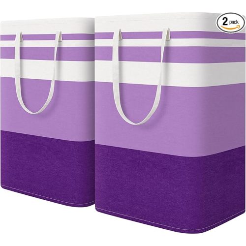 HomeHacks 2 Pack Large Laundry Baskets, Waterproof, Freestanding Laundry Hampers, Collapsible Clothes Hamper with Reinforced Handles in Laundry, College Dorm, Bathroom, Bedroom (Purple, 75Lx2)