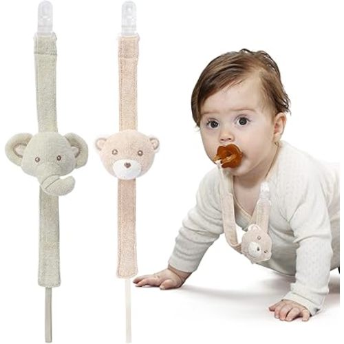 Pacifier Clip, 2 Pack Baby Pacifier Holder for Boys and Girls Fits Many Pacifiers & Baby Teething Toys, Ideal Baby Gift (Elephant & Bear)