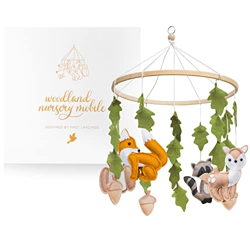 First Landings Woodland Baby Mobile for Crib - Baby Nursery Mobiles - Woodland Nursery Decor Theme - Gender Neutral Baby Stuff - Animals Forest Nursery Decor Baby Mobile - Woodland Baby Stuff