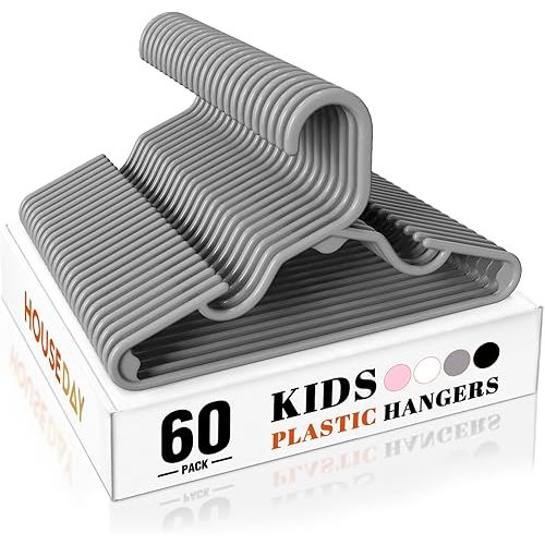 HOUSE DAY Premium Baby Hangers 60 Pack, 11 Inch Kids Plastic Hangers Grey, Slim Childrens Hanger for Infant, Toddler, Child Clothes, Non-Slip Sturdy and Durable Baby Clothes Hanger for Closet
