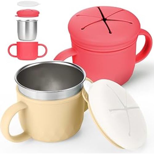 Mity rain 2PCS Stainless Steel Snack Containers for Kids with Spill-Proof Silicone Lids & Handles - 3-in-1 Baby Snack Cups, No-Spill Toddler Snack Box, Perfect for On-The-Go Healthy Eating
