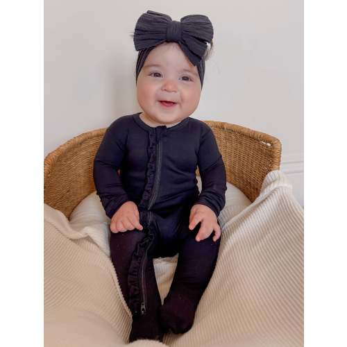 2-Way Ruffle Zip Footie, Black