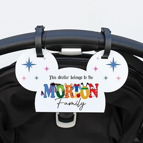 Personalized Stroller Name Tag, Mouse Ears Sign, Family Stroller License Plate Sign for Theme Parks, Amusement Park Family Sign (Style 11)