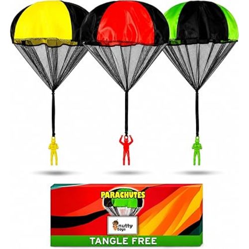 NUTTY TOYS Parachute Toys for Kids - Tangle Free Outdoor Flying Parachute Men, Top Indoor & Outside, 3 4 5 6 7 8 9 10 11 12 Year Old, Best Christmas Stocking Stuffers Idea 2026 Unique Boy & Girl Gifts