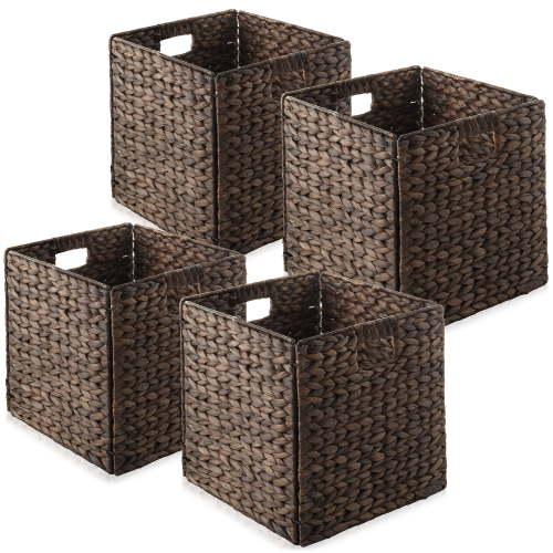 "Casafield 12"" x 12"" Decorative Water Hyacinth Cubby Storage Organizers, Set of 4, Espresso"
