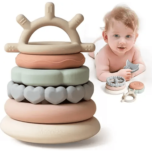 Moonkie Stacks of Circles Soft Teething Toy | Educational Learning Baby Toy | Stacking Ring Toys for Babies Boy and Girl | 7 Piece Teethers Set