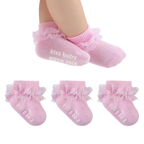 MKYSZLT Baby Girl Ruffle Socks with Grips Turn Cuff Ankle Lace Frilly Dress Socks for Newborn/Infant/Toddler/Little Kids